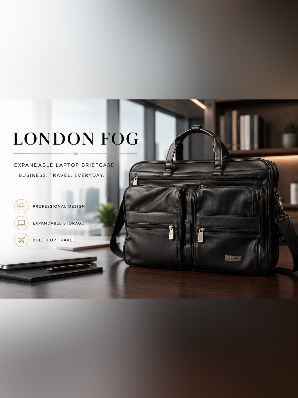 London Fog Black Expandable Laptop Briefcase Messenger Bag Travel Organizer